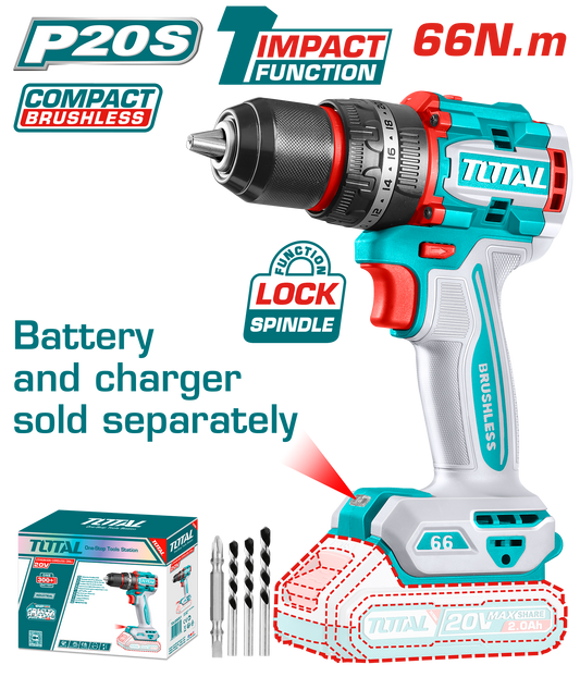 TOTAL 20V Cordless Brushless Impact Drill - 66Nm, No Battery
