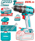 TOTAL 20V Brushless Cordless Impact Drill 13mm – 86Nm with 2×4.0Ah Batteries & Accessories Kit (TIDLI208682)
