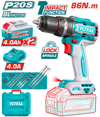 TOTAL 20V Brushless Cordless Impact Drill 13mm – 86Nm with 2×4.0Ah Batteries & Accessories Kit (TIDLI208682)