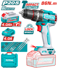 TOTAL 20V Brushless Cordless Impact Drill 13mm – 86Nm with 2×4.0Ah Batteries & Accessories Kit (TIDLI208682)