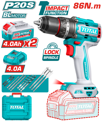 TOTAL 20V Brushless Cordless Impact Drill 13mm – 86Nm with 2×4.0Ah Batteries & Accessories Kit (TIDLI208682)