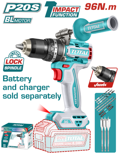TOTAL Brushless Cordless Impact Drill 20V – 96Nm – Metal Chuck – Battery & Charger Sold Separately (TIDLI209685)