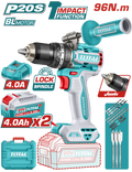 TOTAL Brushless Cordless Impact Drill 20V – 96Nm with 2×4.0Ah Batteries (TIDLI209686)