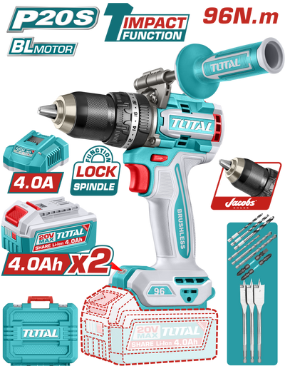 TOTAL Brushless Cordless Impact Drill 20V – 96Nm with 2×4.0Ah Batteries (TIDLI209686)