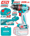 TOTAL Compact Brushless Cordless Impact Drill 42V – 69Nm with 2 Batteries & Accessories (TIDLI426982)
