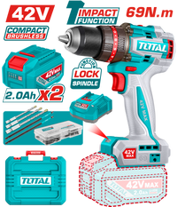 TOTAL Compact Brushless Cordless Impact Drill 42V – 69Nm with 2 Batteries & Accessories (TIDLI426982)