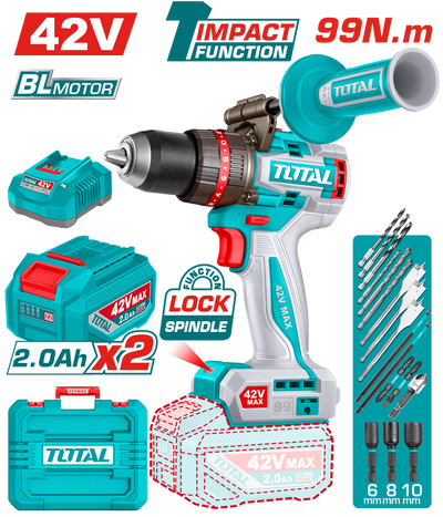 TOTAL 42V Brushless Cordless Impact Drill – 99Nm Torque, 2-Speed Gear (TIDLI429982)