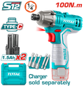 TOTAL 12V Cordless Impact Driver – 100Nm Torque, 2800bpm, 2×1.5Ah Batteries (TIRLI12015)