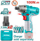 TOTAL 12V Cordless Impact Driver – 100Nm Torque, 2800bpm, 2×1.5Ah Batteries (TIRLI12015)