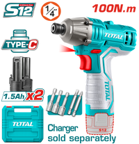 TOTAL 12V Cordless Impact Driver – 100Nm Torque, 2800bpm, 2×1.5Ah Batteries (TIRLI12015)