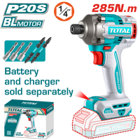 TOTAL Brushless Cordless Impact Driver 20V – 285Nm Hex Impact Driver - Without Battery & Charger (TIRLI20281)