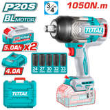 TOTAL 20V Cordless Impact Wrench 3/4" Brushless – 1050Nm with 2×5.0Ah Batteries & Deep Sockets Set (TIWLI20105)