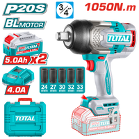 TOTAL 20V Cordless Impact Wrench 3/4" Brushless – 1050Nm with 2×5.0Ah Batteries & Deep Sockets Set (TIWLI20105)