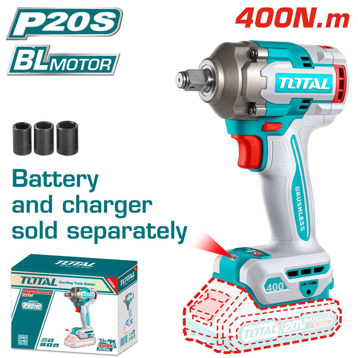 TOTAL 20V Cordless Impact Wrench - 400Nm, No Battery/Charger TOTAL 20V Cordless Impact Wrench - 400Nm, No Battery/Charger