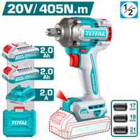 TOTAL 20V Brushless Cordless Impact Wrench 1/2" – 405Nm Fastening & 555Nm Breakaway Torque with 2 Batteries (TIWLI2045)
