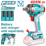TOTAL Cordless Impact Wrench – Brushless, 1/2" Drive, 405Nm - Battery & Charger Sold Separately (TIWLI20451)