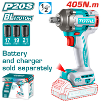 TOTAL Cordless Impact Wrench – Brushless, 1/2" Drive, 405Nm - Battery & Charger Sold Separately (TIWLI20451)