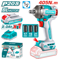 TOTAL Cordless Impact Wrench 20V – 405Nm – Brushless – 1/2" Square Drive (TIWLI20455)