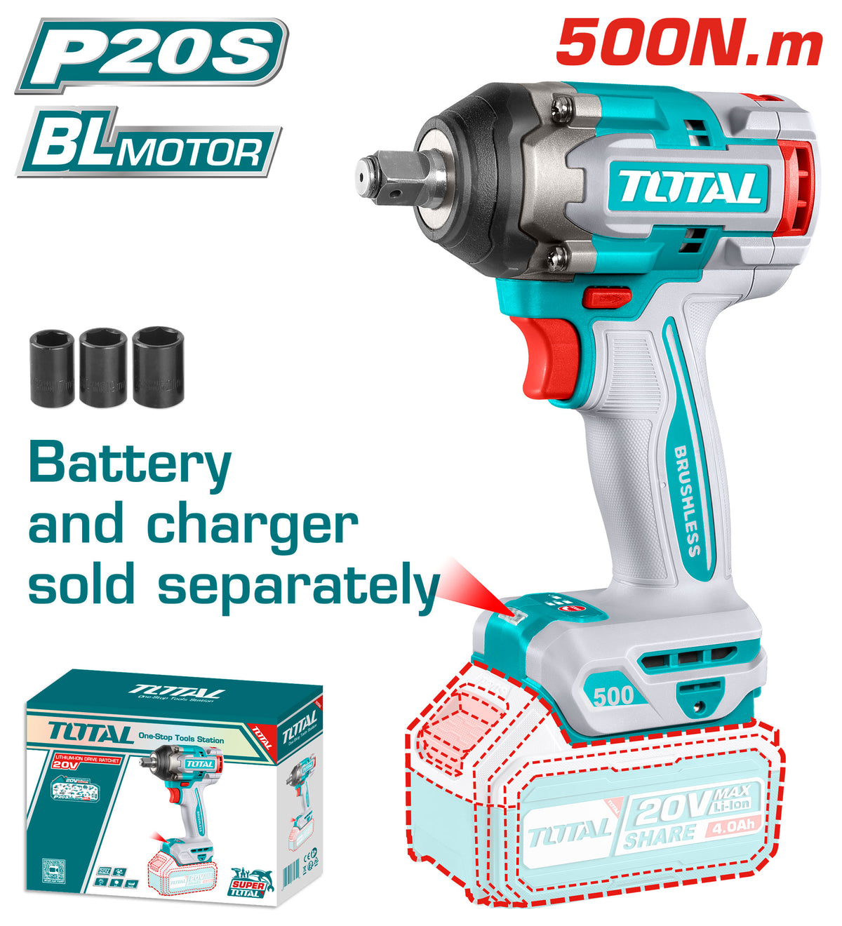 TOTAL 20V Cordless Impact Wrench - 500Nm, No Battery/Charger TOTAL 20V Cordless Impact Wrench - 500Nm, No Battery/Charger