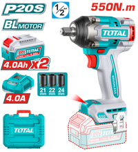 TOTAL 20V Cordless Impact Wrench 1/2" Brushless – 550Nm with 2×4.0Ah Batteries & Sockets (TIWLI2055)