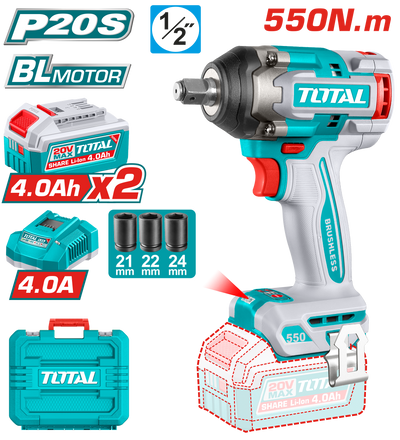 TOTAL 20V Cordless Impact Wrench 1/2" Brushless – 550Nm with 2×4.0Ah Batteries & Sockets (TIWLI2055)