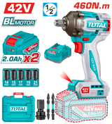 TOTAL Cordless Brushless Impact Wrench 42V – 1/2" Drive 460Nm with 2 Batteries (TIWLI42462)