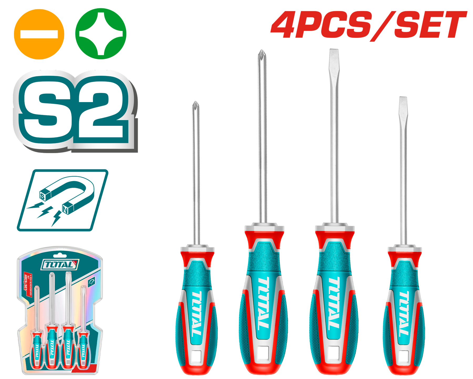 TOTAL 4pcs Screwdriver Set – S2, Magnetic Tips, Ergonomic