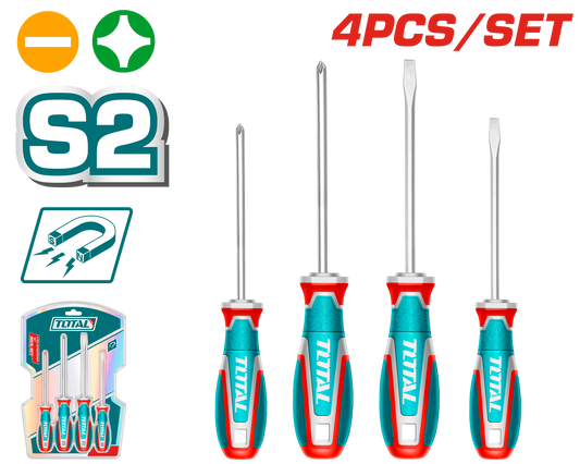 TOTAL 4pcs Screwdriver Set – S2, Magnetic Tips, Ergonomic