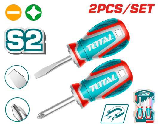 TOTAL 2pcs Stubby Screwdriver Set – S2, Magnetic Tip
