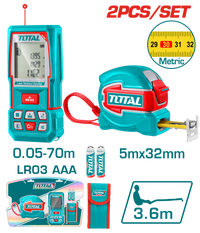 TOTAL Laser Distance Detector Combo Kit – 70m Range + 5m Steel Measuring Tape (TLDD241201M)