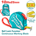 TOTAL Steel Measuring Tape 10m × 25mm – Self-Lock, Metric Scale, Double Button (TMT1262101M)