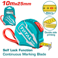 TOTAL Steel Measuring Tape 10m × 25mm – Self-Lock, Metric Scale, Double Button (TMT1262101M)