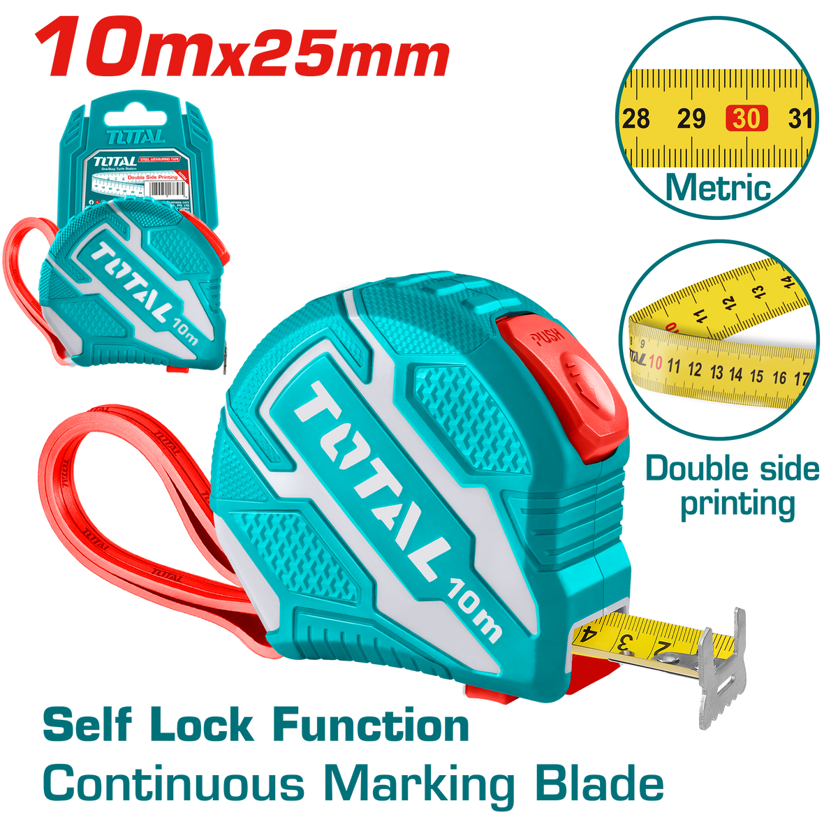 TOTAL Steel Measuring Tape 10m × 25mm – Self-Lock, Metric Scale, Double Button (TMT1262101M)