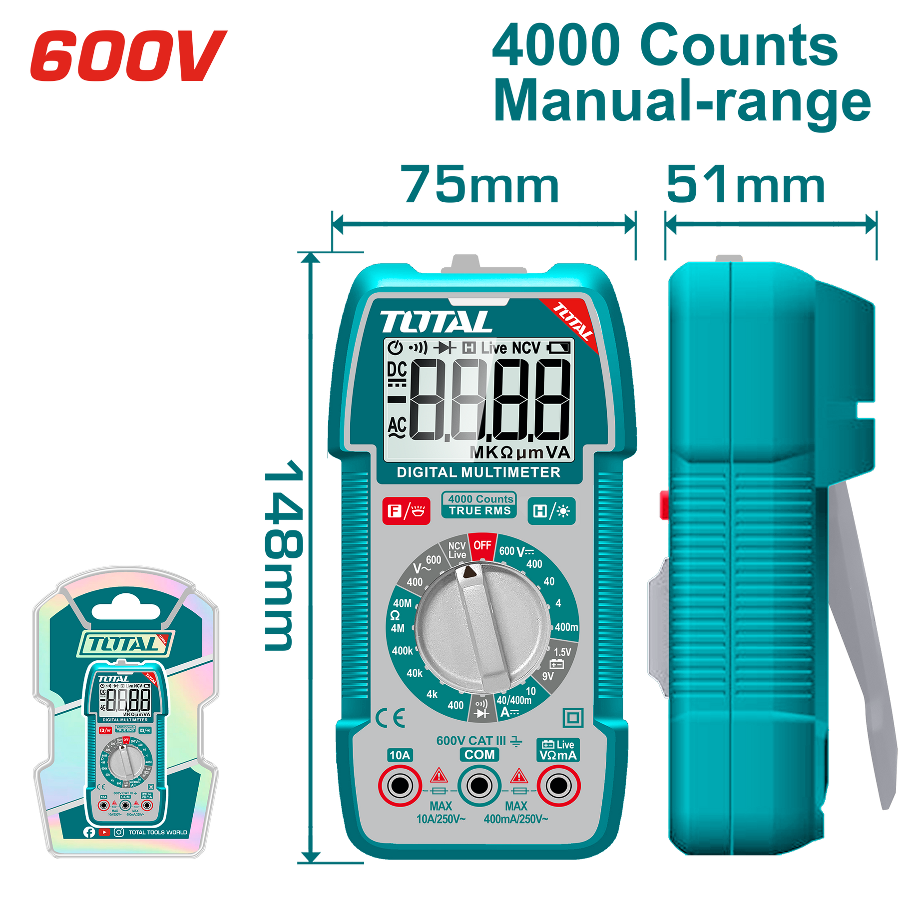 TOTAL Digital Multimeter 600V, TRMS 4000 Counts, DC/AC Voltage