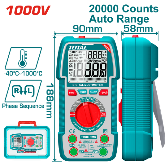 TOTAL 1000V TRMS Multimeter Auto-Range, 20000 Counts & NCV