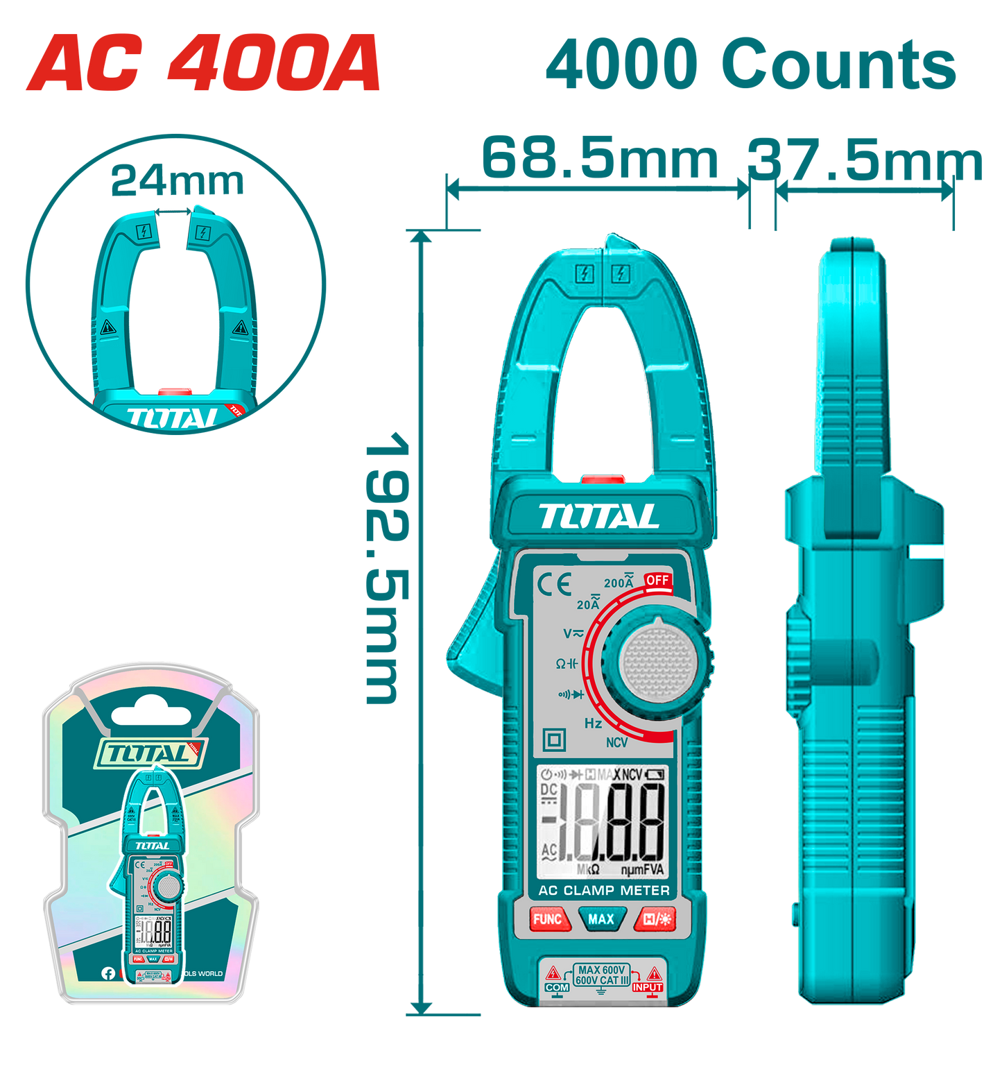 TOTAL Digital AC Clamp Meter 400A – TRMS 4000 Counts.
