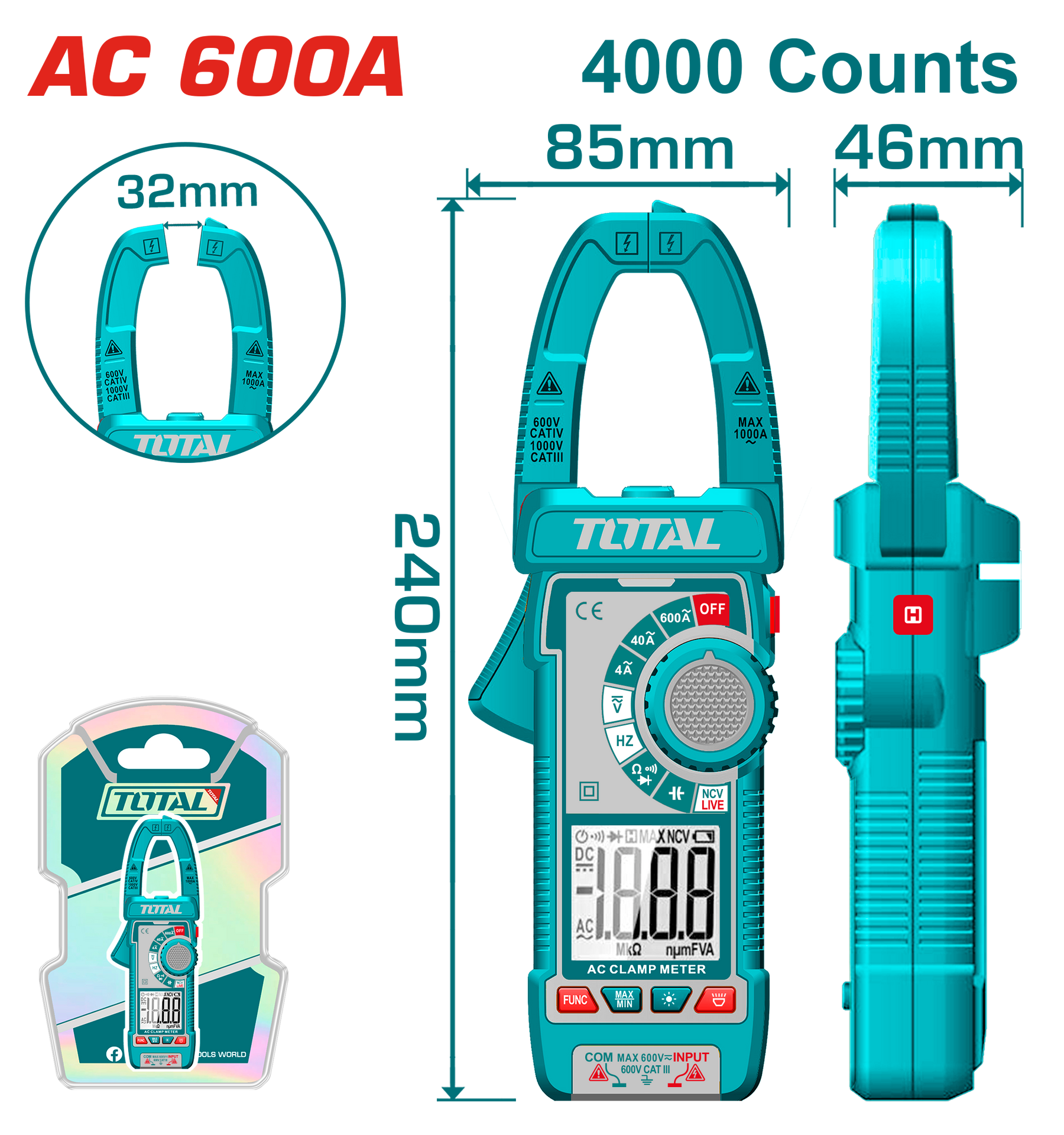 TOTAL Digital AC Clamp Meter 600A – TRMS 4000 Counts TOTAL Digital AC Clamp Meter 600A – TRMS 4000 Counts