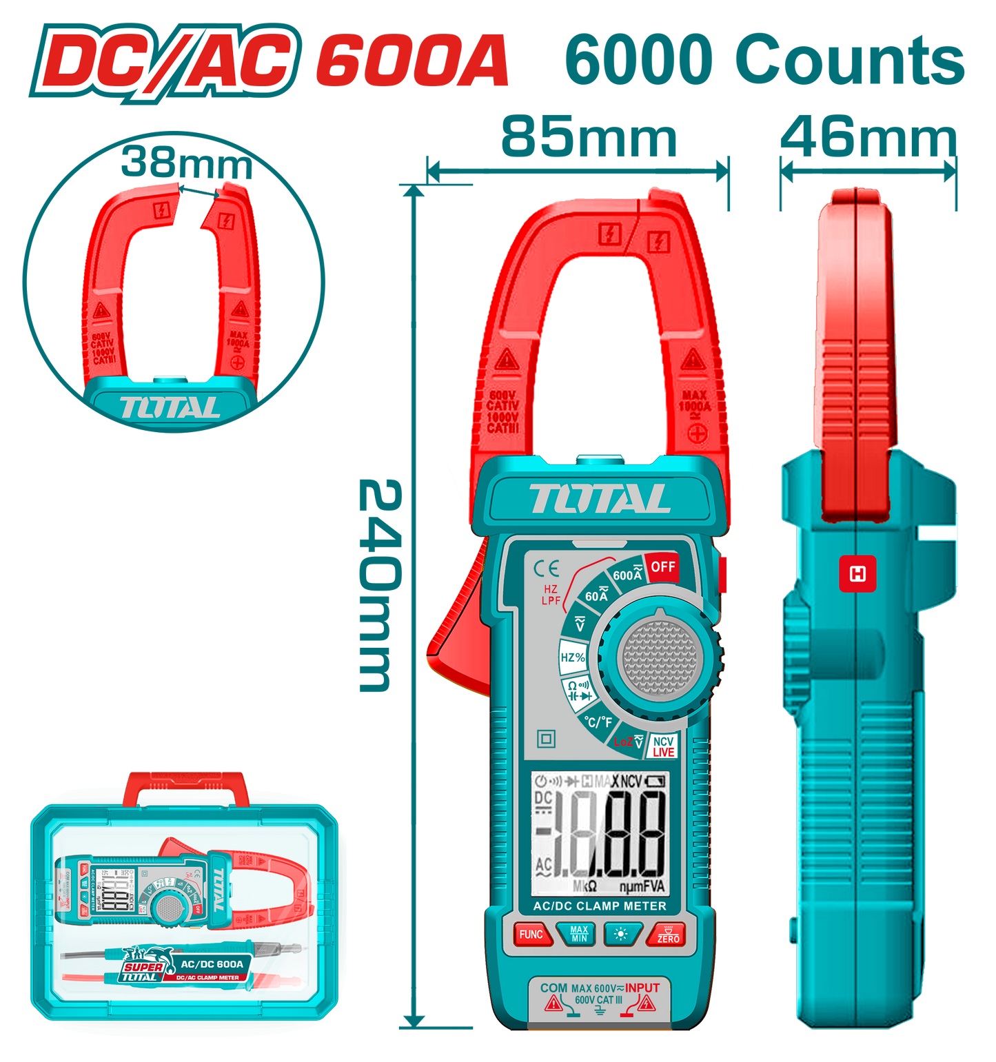 TOTAL DC/AC Clamp Meter 600A, TRMS 6000 Counts with Temperature