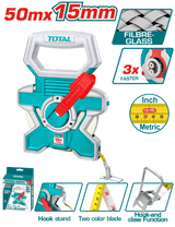 TOTAL Fiberglass Measuring Tape 50m x 15mm – Double-Sided, Fast Rewind, Rubber-Covered (TMTF18506)