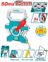 TOTAL Fiberglass Measuring Tape 50m x 15mm – Double-Sided, Fast Rewind, Rubber-Covered (TMTF18506)
