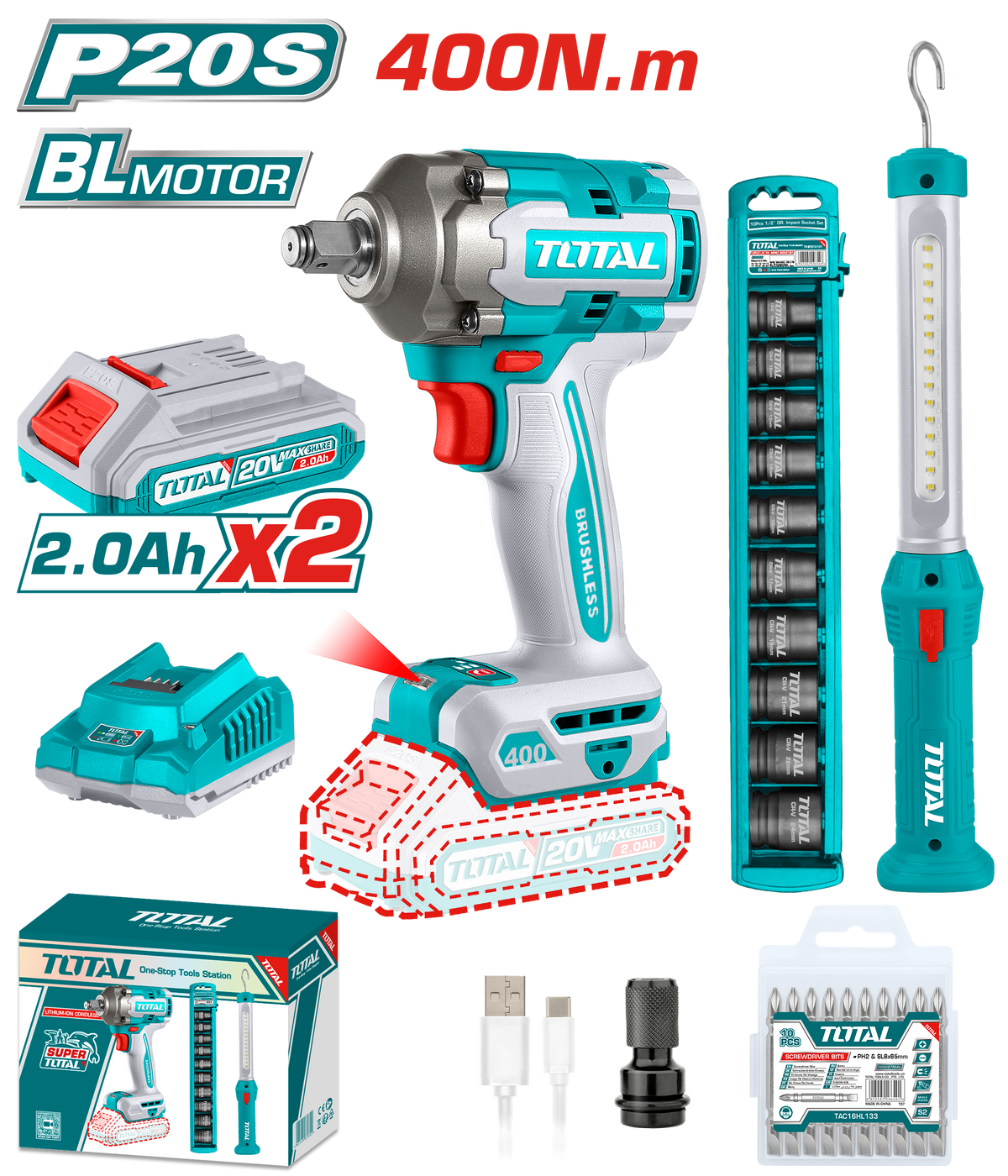 TOTAL 20V Cordless 2-in-1 Kit - 400Nm Impact Wrench & LED Light TOTAL 20V Cordless 2-in-1 Kit - 400Nm Impact Wrench & LED Light