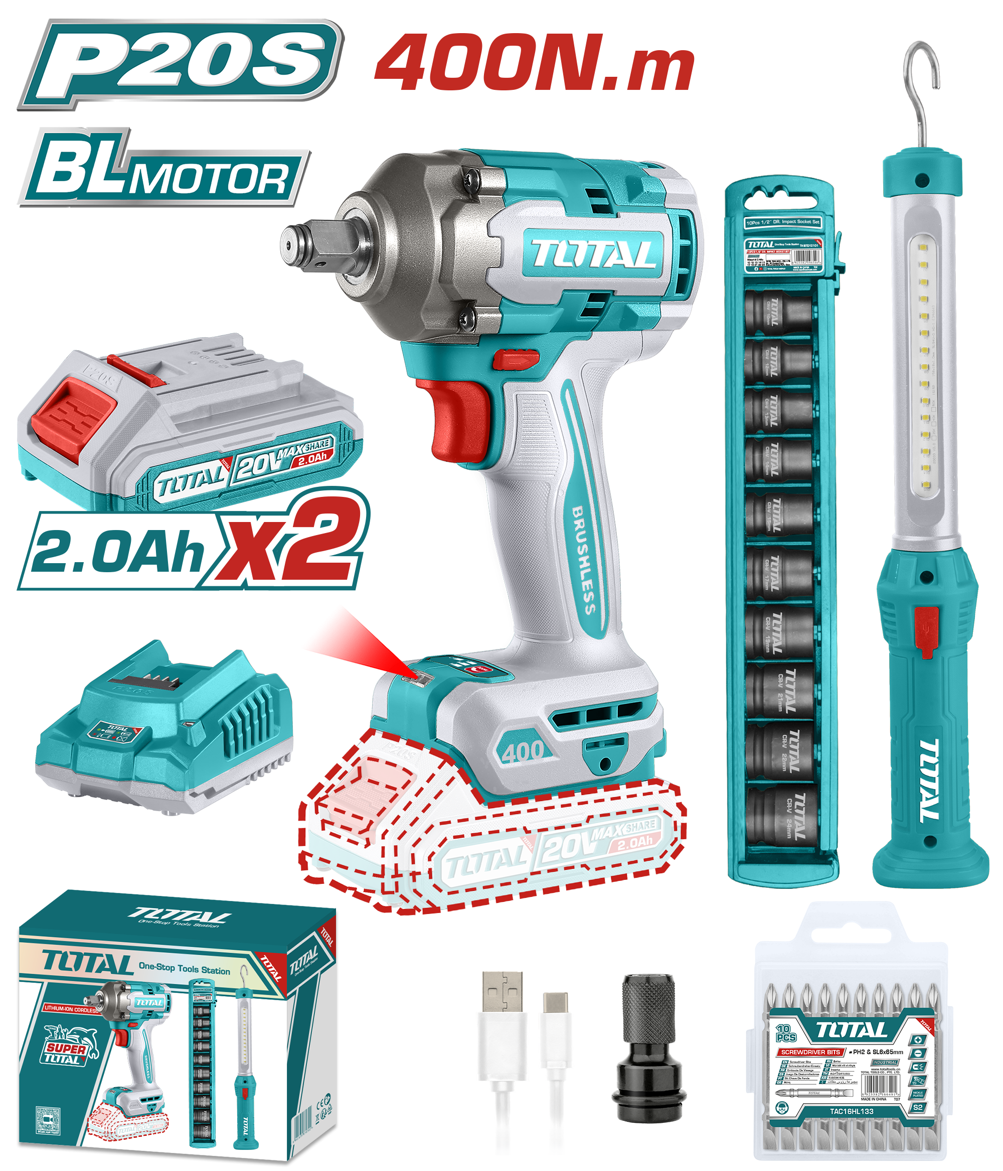 TOTAL 20V Cordless 2-in-1 Kit - 400Nm Impact Wrench & LED Light