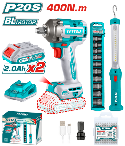 TOTAL 20V Cordless 2-in-1 Kit - 400Nm Impact Wrench & LED Light