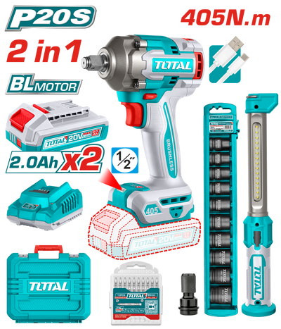 TOTAL Cordless 2 Pcs Combo Kit – Impact Wrench 20V & Work Lamp  (TOSLI23056)