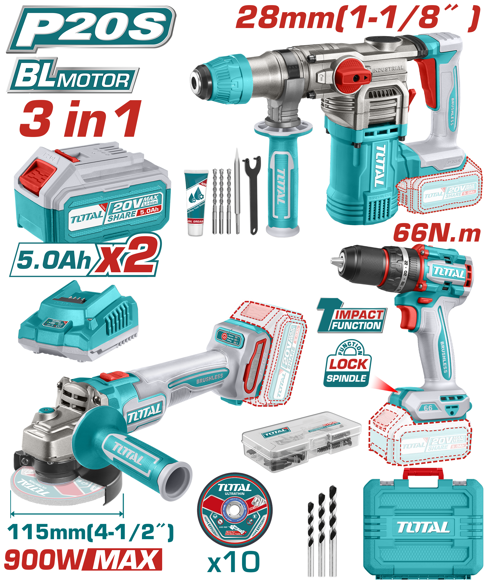 Total 20v Router TOTAL 20V Cordless 3 in 1 Combo Kit - Brushless, Full Set