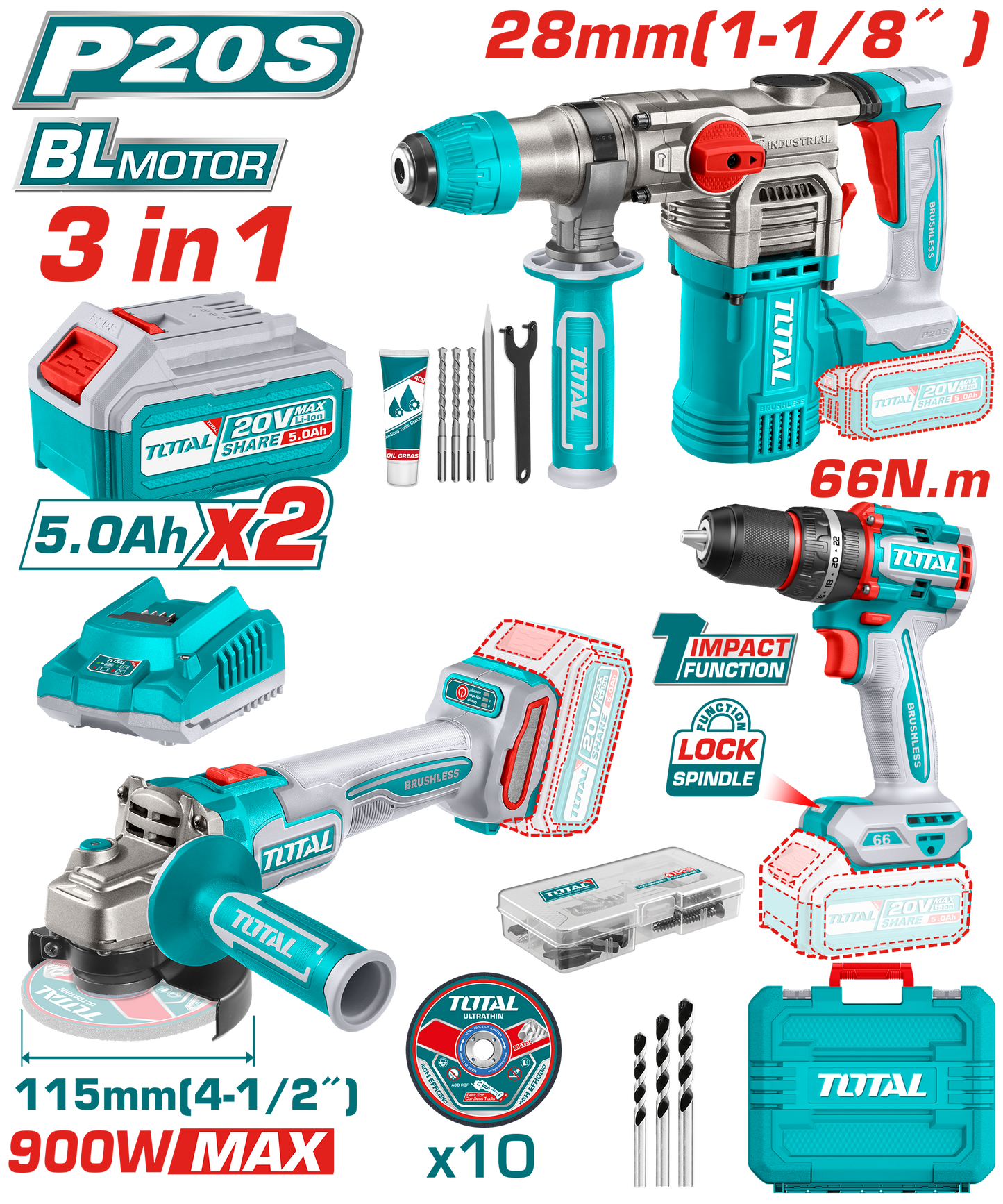 طقم كومبو 3 في 1 لاسلكي 20 فولت من توتال - بدون فرشاة، مجموعة كاملة