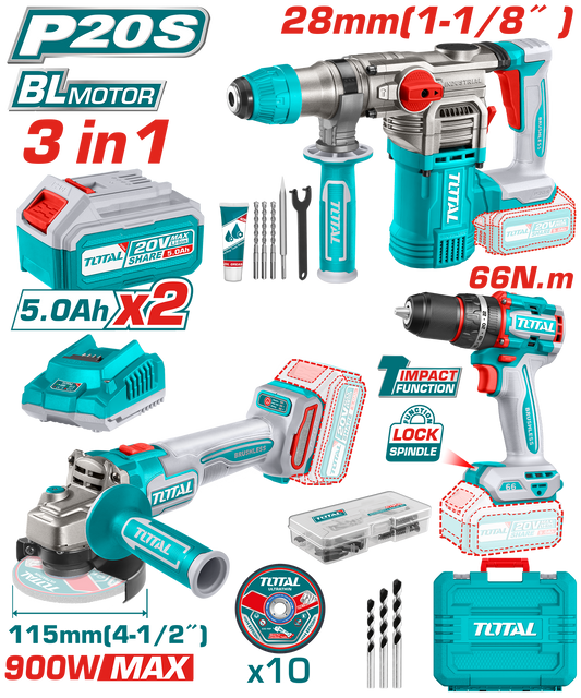 TOTAL 20V Cordless 3 in 1 Combo Kit - Brushless, Full Set