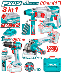 TOTAL Cordless 3 Pcs Combo Kit – 20V Brushless Impact Drill, Angle Grinder & Rotary Hammer (TOSLI241198)