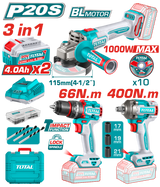 TOTAL Cordless 3 Pcs Combo Kit 20V – Brushless Angle Grinder, Impact Drill & Impact Wrench (TOSLI241291)
