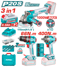 TOTAL Cordless 3 Pcs Combo Kit 20V – Brushless Angle Grinder, Impact Drill & Impact Wrench (TOSLI241291)